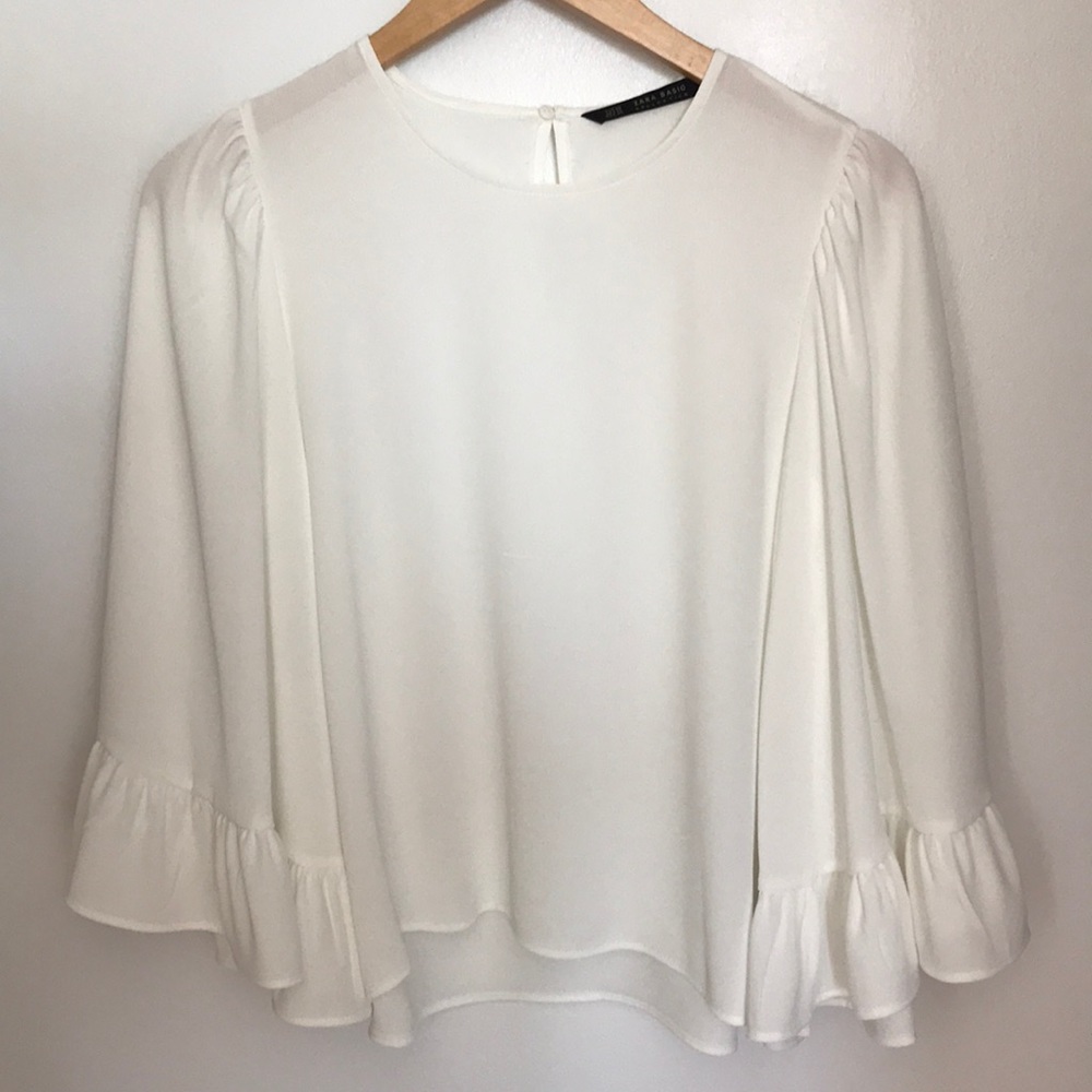 Zara White Ruffled Wide Sleeve Blouse